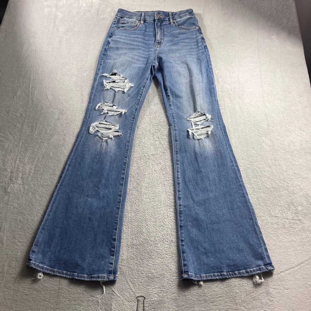 American Eagle Curvy Super High-Rise Flare Jeans Distressed Blue Size 2 Regular